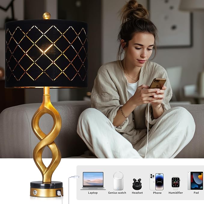 Cinyirong 30" Black and Gold Table Lamps Set of 2 for Bedroom, Modern Touch Control Bedside Lamps for Living Room, 3-Way Dimmable Sculptural Resin Nightstand Lamps with USB A+C Ports and 2 LED Bulbs
