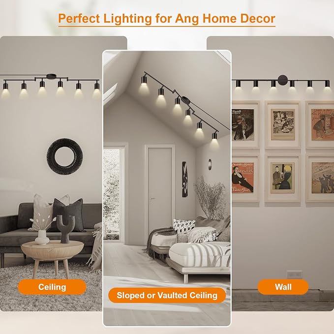 Plug in Track Lighting LED, Track Lighting Fixtures Ceiling, Black 6-Light Kitchen Light Kit, Plug in Wall Light with 14.8ft Power Cord, Rotatable Ceiling Spotlight for Bedroom(GU10 Socket, NO Bulb)