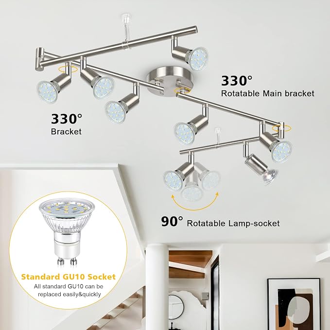 Unicozin LED Track Lighting Kit, 54.13'' Matt Nickel 8 Way Ceiling Spot Lighting, Flexibly Rotatable Light Head, Modern Track Light Included 8 x LED GU10 Bulb (4W, Daylight White, 400LM)