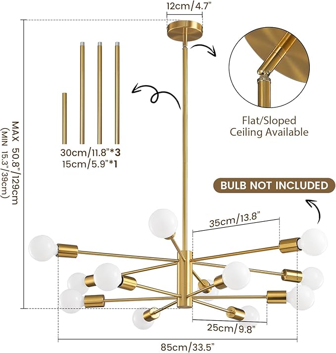 KAISITE Modern Sputnik Chandelier Ceiling Light Fixture 12-Light Gold Chandelier for Dining Room Over Table Height Adjustable Mid Century Industrial Chandelier for Kithchen Living Room Entryway