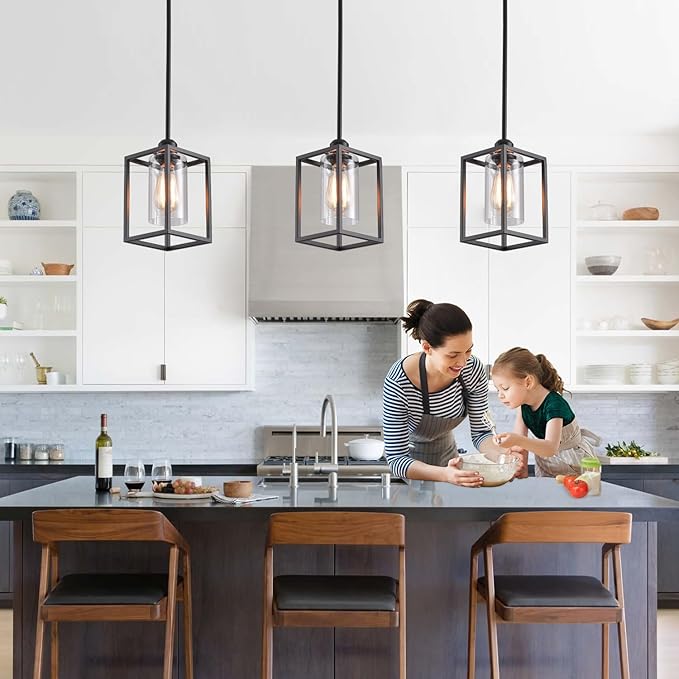 3 Pack Stem Rod Black Pendant Lights for Kitchen Island Industrial Lantern Pendant Light Fixtures with Clear Glass Shade, Farmhouse Adjustable Height Hanging Pendant Lighting