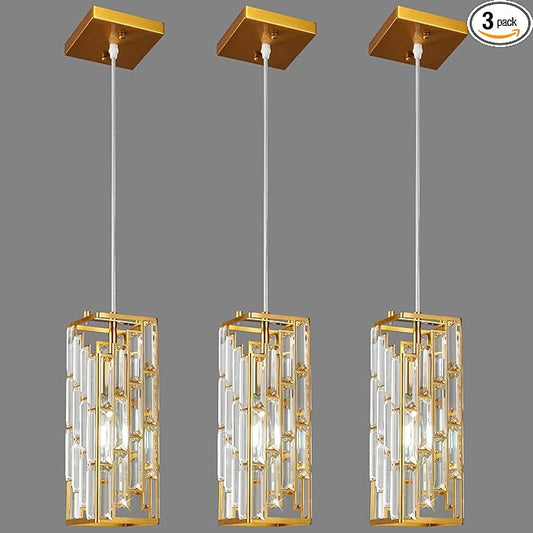Gold Pendant Lighting Modern Pendant Light, Mini Crystal Chandeliers,Adjustable Pendant Light Fixture for Kitchen Island Dinning Room Bedroom (3 Pack)