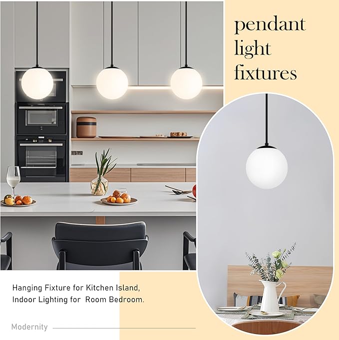 Bagood 8" Globe Pendant Light Black 2 Pack Mid Century Pendant Light Globe Pendant Lights Kitchen Island Matte Black Finished with Milk Glass Adjustable Ceiling Light Fixtures for Dining Room Bar