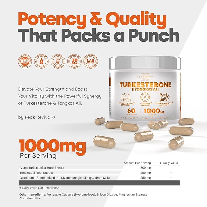 Turkesterone Tongkat Ali Supplement (500mg Ajuga Turkestanica + 250mg Tongkat Ali) 60 Capsules-Turkesterone Supplement 1000mg - Muscle Strength & Recovery Support - Made in The USA BY Peak Revival-X