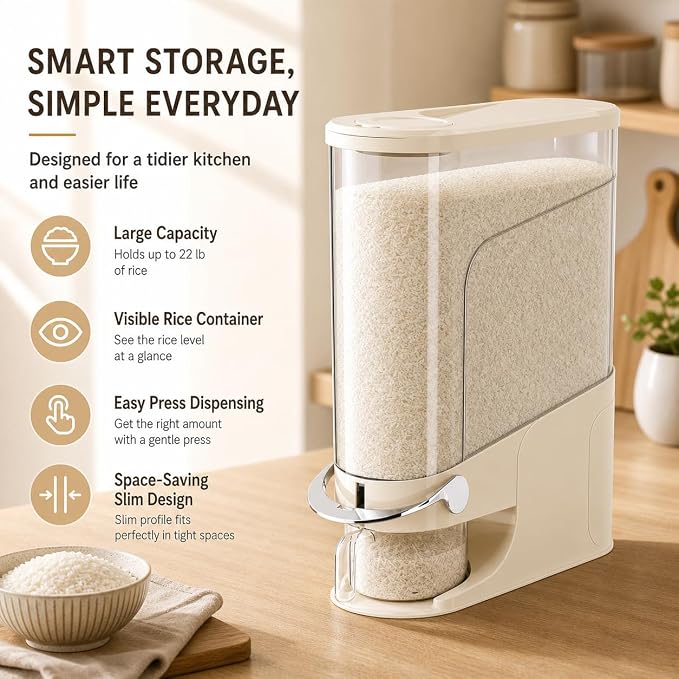 Rice Dispenser 22 Lb, Slim Rice Storage Container with Double Sealing Strip, Press to Dispense Cereal Container Airtight for Kitchen Pantry Organization, (Creamy Yellow-22lb)
