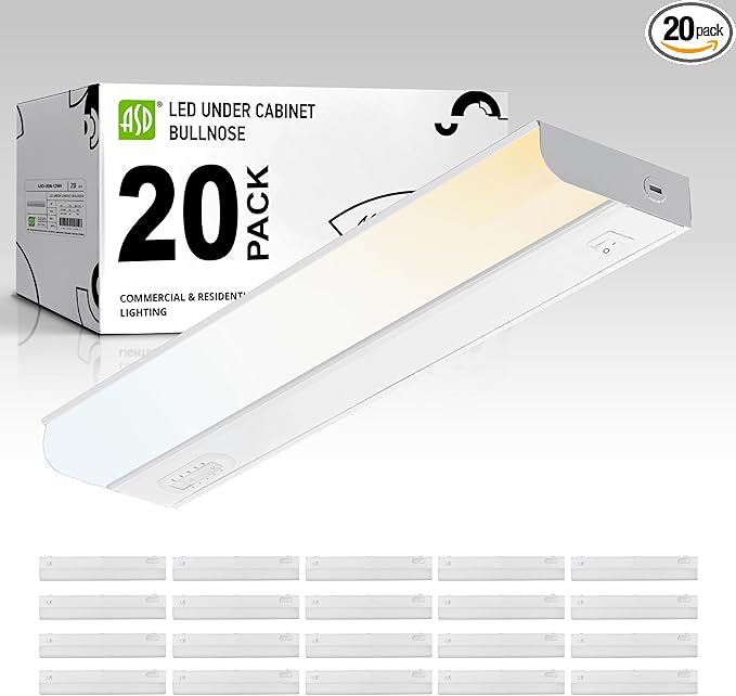 ASD LED Under Cabinet Lighting Hardwired, 18 Inch 10W 2700K-5000K Selectable, 807LM, CRI90+, Direct Wire Linkable Under Counter Lights for Kitchen, Dimmable Under Cabinet Lights, White, UL, 20 Pack