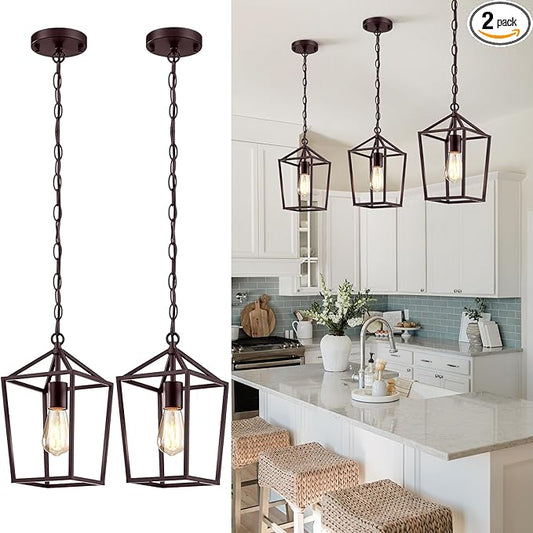 Sheetea 2-Pack Farmhouse Pendant Lights Kitchen Island, Pendant Light Fixtures Hanging Lamp for Dining Room, Modern Kitchen Pendant Lighting Over Island, Metal Cage Design, Brown