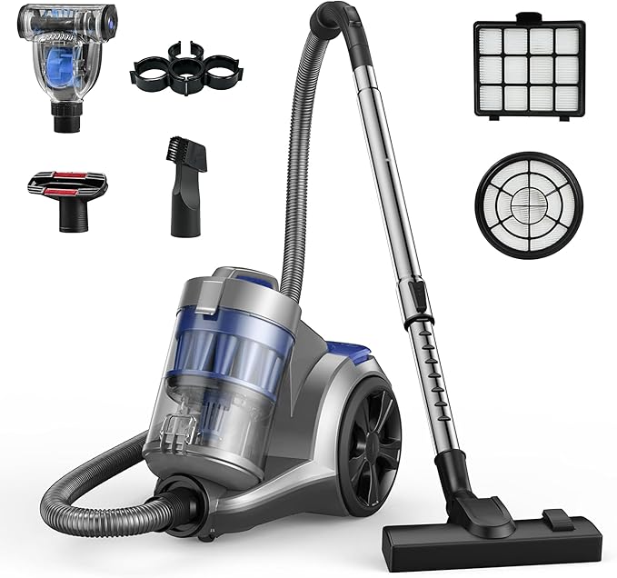 1700W Canister Vacuum Cleaner, 45Kpa Bagless Vacuum Cleaner, Multi-Cyclonic Filtration, 2 Anti-Allergen HEPA Filters, 3.5QT Dust Cup, 4 Tools, No Hair Tangles for Hard Floor, Pet Hair, Royal Blue