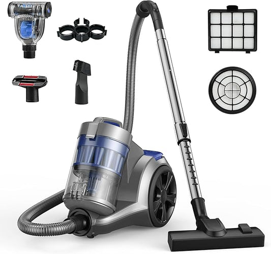 1700W Canister Vacuum Cleaner, 45Kpa Bagless Vacuum Cleaner, Multi-Cyclonic Filtration, 2 Anti-Allergen HEPA Filters, 3.5QT Dust Cup, 4 Tools, No Hair Tangles for Hard Floor, Pet Hair, Royal Blue