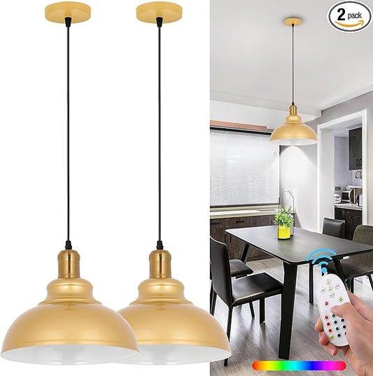 Battery Operated Pendant Lights 2 Pack,Rechargeable Pendant Light with Remote,Gold Pendant Light Fixtures for Kitchen Island,Modern Industrial Hanging Lights for Dining Room Hallway Entryway