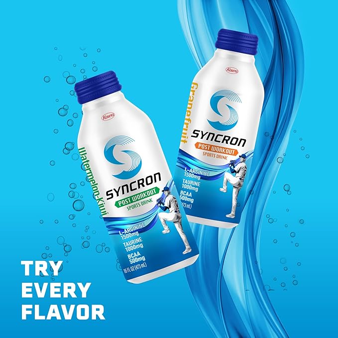 Syncron Kowa Post Workout Sports Drink Backed by Shohei Ohtani, Sugar Free Electrolyte Hydration, Aluminum Bottled Drink, Taurine, L Arginine & BCAAs for Athletes, Watermelon Kiwi, 6 Pack, 16 oz