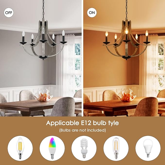 LAMPKEDUO Rustic Farmhouse Chandeliers for Dining Room, 5-Light 24 inch Faux Wood Texture Hanging Light Fixture, Candle Style Chandelier for Living Room Kitchen Island Foyer Entryway