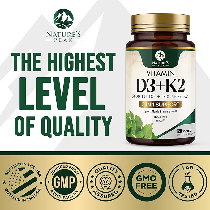 Vitamine D3 K2 5000 UI - Supplément de Vitamine D3 à Haute Puissance - Complexe Avancé 2-en-1 avec Vitamine D et Vitamine K2 (MK7) - Gélule Facile à Avaler, Soutien Osseux et Immunitaire - Embouteillé aux États-Unis - 120 Gélules