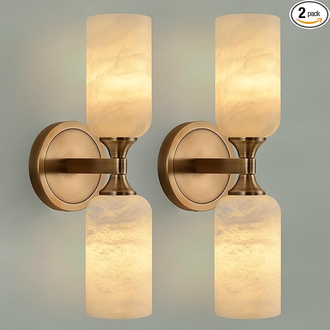 Alabaster Wall Sconce, Solid Brass Sconce with Natural Spanish Alabaster, 14.4 in Vanity Lights for Bathroom, Hardwired Wall Lamp for Bedroom Staircase Hallway, G9 LED Bulb, Set of 2