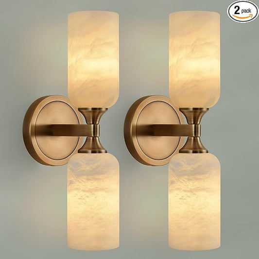 Alabaster Wall Sconce, Solid Brass Sconce with Natural Spanish Alabaster, 14.4 in Vanity Lights for Bathroom, Hardwired Wall Lamp for Bedroom Staircase Hallway, G9 LED Bulb, Set of 2