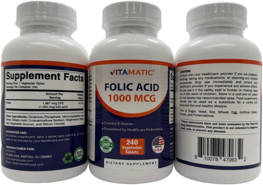 Vitamatic Folic Acid 1000 mcg (1 mg) - Vegetarian Tablets - 1667 mcg DFE - Vitamin B9 (240 Count (Pack of 3))