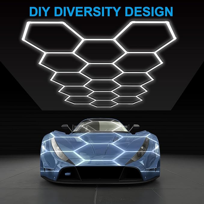 LZHOME LED Hexagon Garage Light: 12700LM Car Detailing Shop Light, DIY Splicing Ceiling & Wall Decor Lights, for Workshop Basement Gym Warehouse Bar Gaming Room