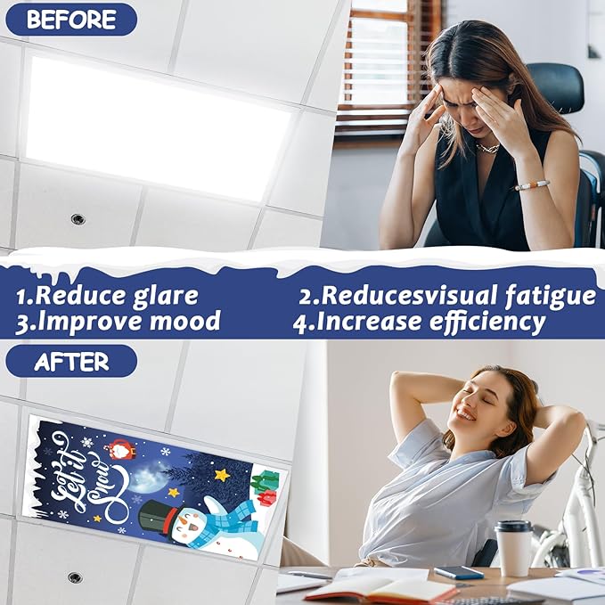 8 Pcs Winter Fluorescent Light Covers with 80 Magnets Decorative for Classroom Ceiling Light 4x2 Feet Magnetic Filter Easy Install for Office Hospitals & Home Drop Ceiling Supplies(Winter Snowman)