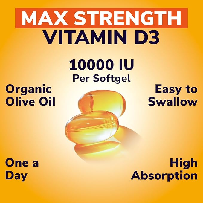 Maximum Strength Vitamin D3 10,000 IU (250mcg), Highly Bioavailable, with Cold Pressed Olive Oil, Immune, Bone & Teeth Health Support, No Soy, Sunshine Vitamin, 60 Mini Softgels