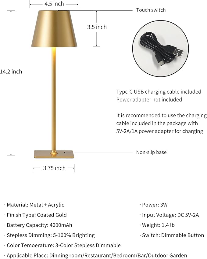 KDG 2 Pack Cordless Table Lamp, Portable LED Desk Lamps, 4000mAh Battery Operated, 3 Color Stepless Dimming Up, for Restaurant, Bedroom, Outdoor Camping, Coffee Shop, Night Light, Rechargeable (Gold)
