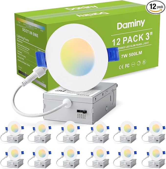 DAMINY 12 Pack 3 Inch LED Recessed Lighting with Junction Box,5CCT,Ultra-Thin Recessed Light,7W 500LM, Dimmable Canless Wafer Ceiling Light, High Brightness