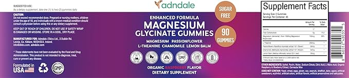 Adndale 90CT マグネシウムグリシン酸グミ。大人も子供も食べられるシュガーフリーのチュアブル。ラズベリー風味