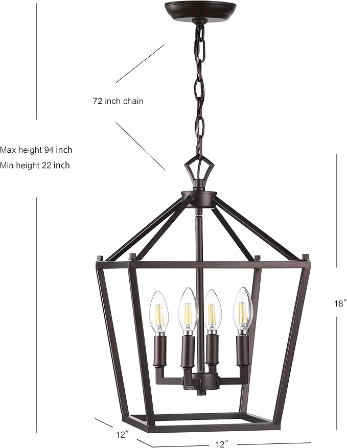 JONATHAN Y 12" Oil Rubbed Bronze Lantern Pendant Light, 4-Light Pagoda Style Metal Cage Farmhouse Hanging Ceiling Fixture for Kitchen Island, LED Bulb Included (JYL7436A)