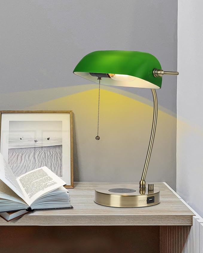 Green Glass Bankers Desk Lamp with Wireless Charger, USB Charging Port for Home Office,Stepless Dimmable Table Lamp Plug in Fixture,LED Bulb Included