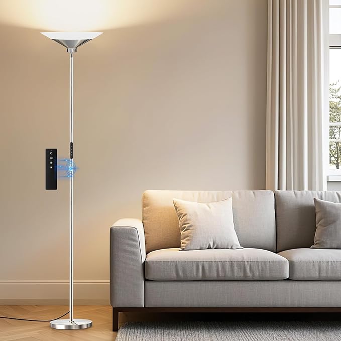 SIBRILLE Metallic Silver Torchiere Floor Lamp - 30W Dimmable LED Standing Lamp with Remote/Button Control, 1800Lm, 3000-6500K, 72in Tall Bright Pole Light for Living Room Bedroom Office Corner