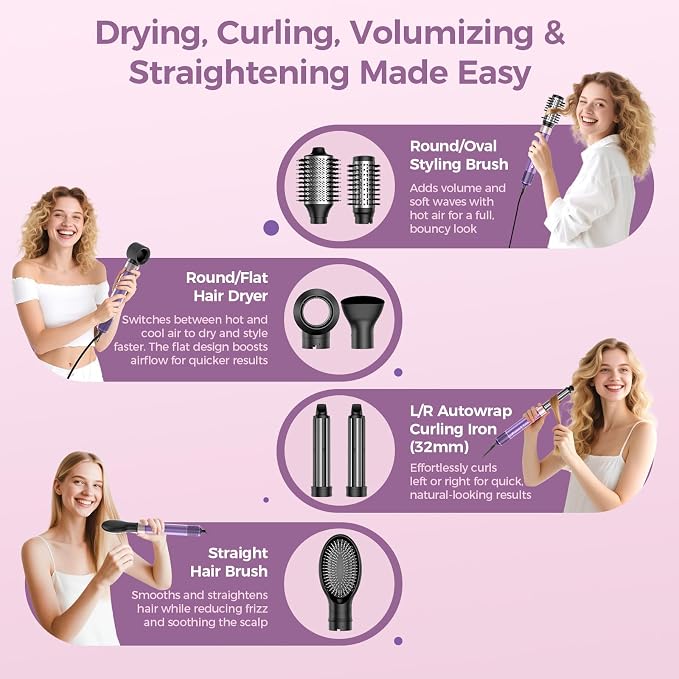 Vincofy 7 in 1 Blow Dryer Brush Set – Hot Air Styler for Fast Drying, Curling, Straightening & Volumizing – Ionic Hair Dryer Brush with 1500W Power – No Heat Damage for All Hair Types – Lilac