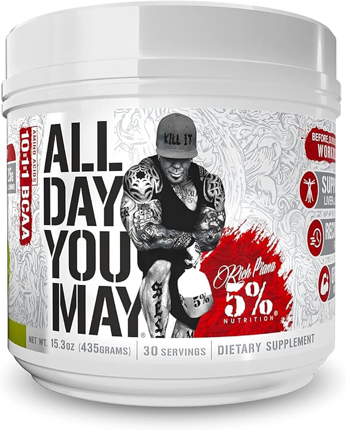 5% Nutrition Rich Piana AllDayYouMay BCAA Powder Premium Intra & Post Workout Amino Acids, Hydration, Endurance, Muscle Recovery, Joint & Liver (Lemon Lime)