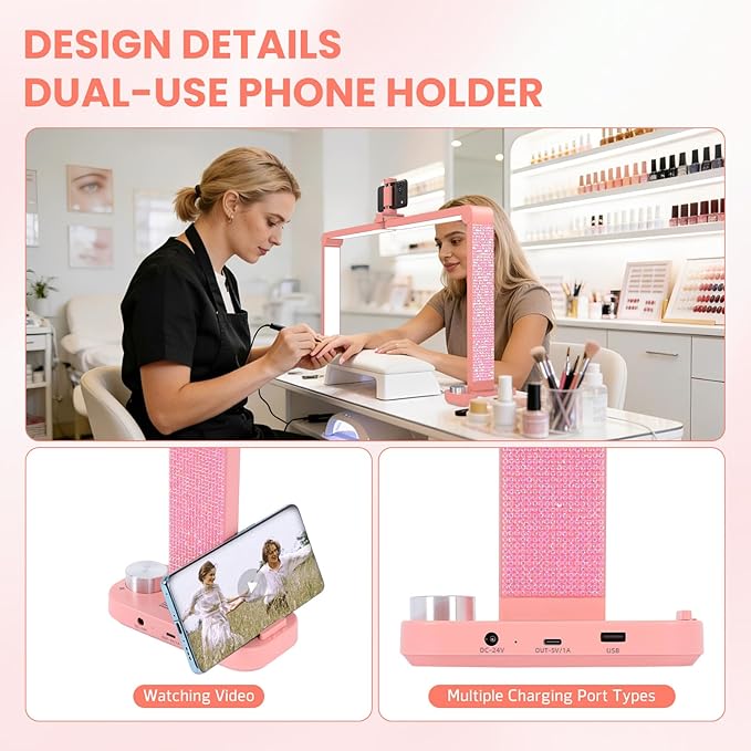 Half Moon Light for Nail Desk with Phone Holder, Large Square Nail Lamp for Desk, Professional Manicurist Desktop Lamp, LED Light Suitable for Manicures, Tattoos, and Sewing, Rhinestone Pink
