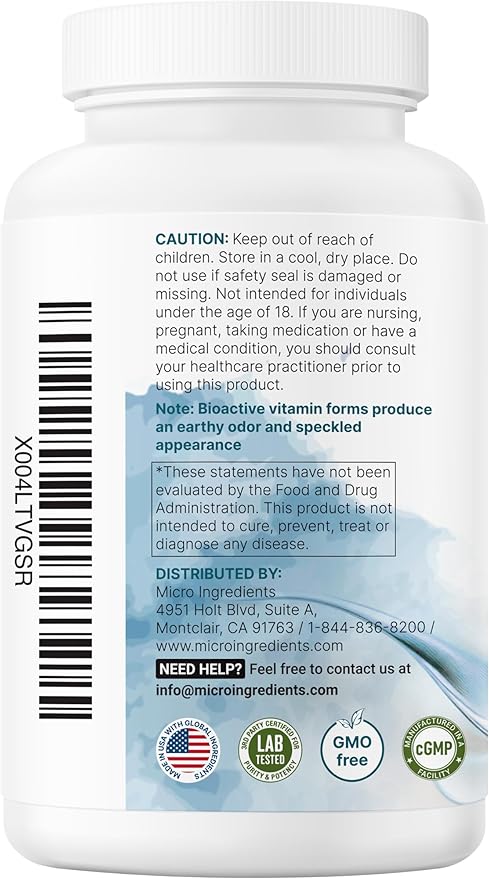 Micro Ingredients Pure Methylated B Complex, 240 Capsules | 11-in-1 Formula with Methylfolate, B12, Thiamin, Inositol, Choline, & Fat Soluble Vitamin C | Clean Ingredients Without Fillers | Non-GMO