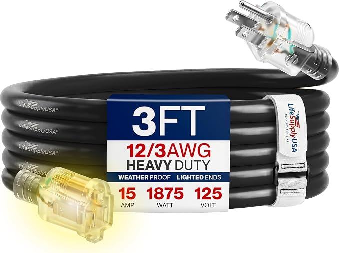 3ft Outdoor/Indoor Extension Cord 12/3 Gauge Extra Heavy Duty 3 Prong SJTW, Waterproof, Flexible Cold-Resistant Long Power Cord,15A 125V 1875W, Black by LifeSupplyUSA