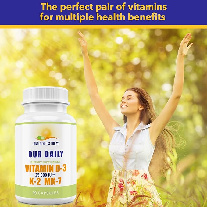 Our Daily Vites Vitamine D-3 25 000 UI + K2 - D3 hautement concentrée avec vitamine K pour le soutien des os, de l'immunité, de l'humeur et du système cardiovasculaire