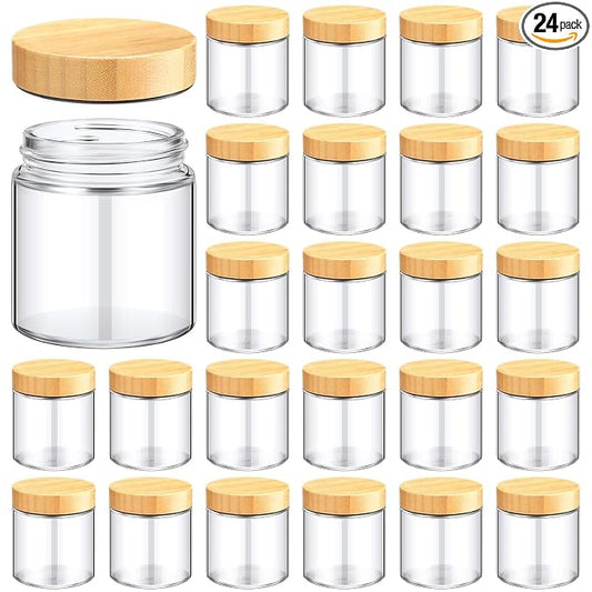 Norme 24 Pcs 8 oz Glass Jars with Lids Empty Small Glass Containers and Inner Liners Reusable Cosmetic Jars Round Airtight Bottles with Plastic Woodgrain Lids for Travel