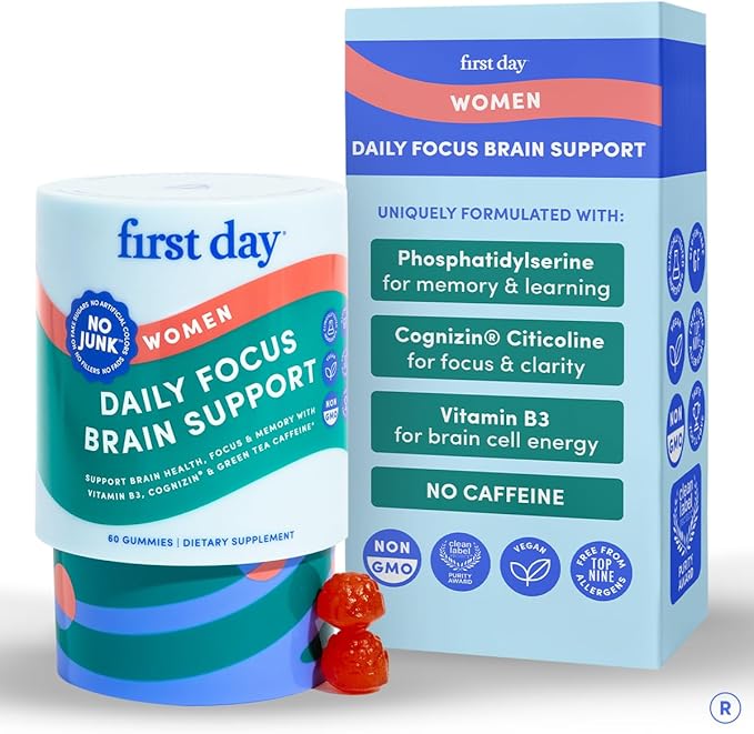 Gummies FIRST DAY pour le cerveau des femmes, pour la concentration, la mémoire et la clarté | Cognizin® Citicoline + Phosphatidylsérine | Énergie naturelle durable, saveur pêche, végétalien, sans OGM | 30 jours de traitement