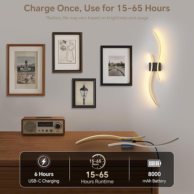 Battery Operated Wall Sconce Set of 2, Dimmable Modern LED Rechargeable Wall Light with Remote Control, Wall Decor for Living Room, Hallway, Quick Install, No Electrician Required