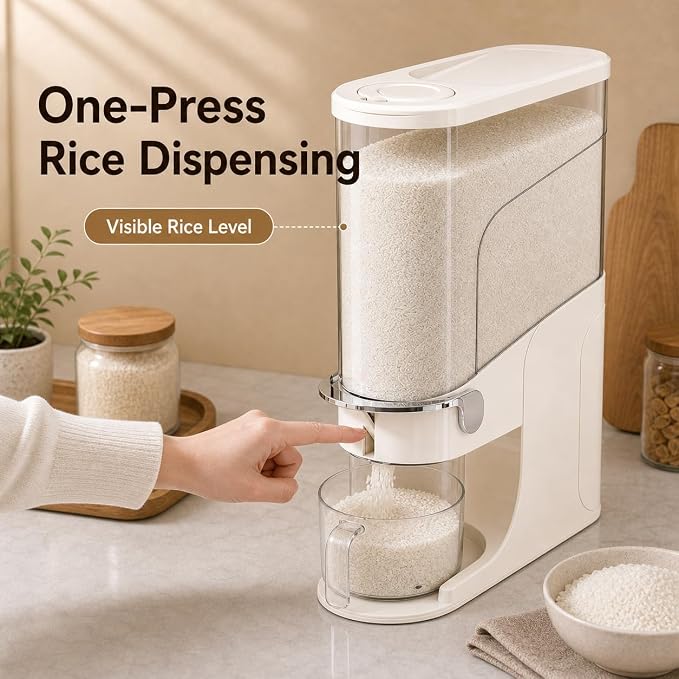 Rice Dispenser 22 Lb, Slim Rice Storage Container with Double Sealing Strip, Press to Dispense Cereal Container Airtight for Kitchen Pantry Organization, (Ivory White-22lb)