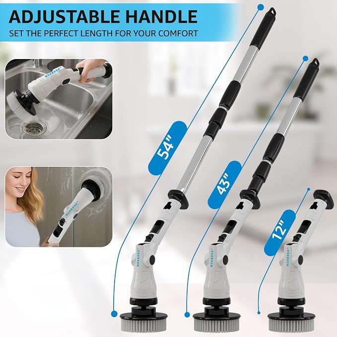 Electric Spin Scrubber, 3-Speed 6 Adjustable Head Power Scrubber for Cleaning Bathroom, 8 Brush Heads & 54" Long Handle, Cordless Scrubber with LCD Display Shower Scrubber for Grout Tile Floor Tub Car