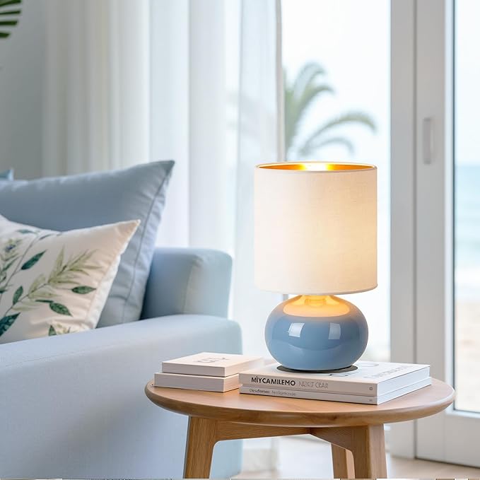 Hamucd Ceramic Table Lamps Set of 2, Modern Classic Bedside Lamps for Nightstand, Small Table Lamp for Bedroom Living Room Desk End Table(Blue)