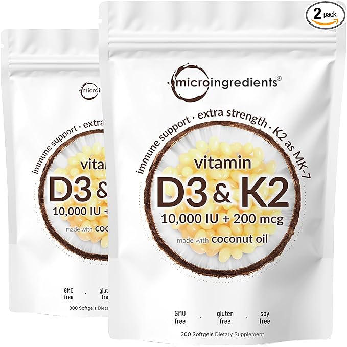 Micro Ingredients Vitamine D3 10 000 UI + K2 MK-7 200 mcg, 600 gélules avec huile de coco vierge (lot de 2) | Complexe de vitamines D et K 2 en 1 | Extra fort, facile à avaler, sans OGM, sans gluten
