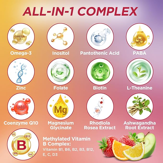 Methylated Vitamin B Complex Gummies for Women & Men with Vitamin B1, B2, B3, B5, B6, B7, B9, B12 & Magnesium, Omega-3, CoQ10, Supports Brain Health, Energy, Immune, Sugar Free, Fruit Flavor, 120ct