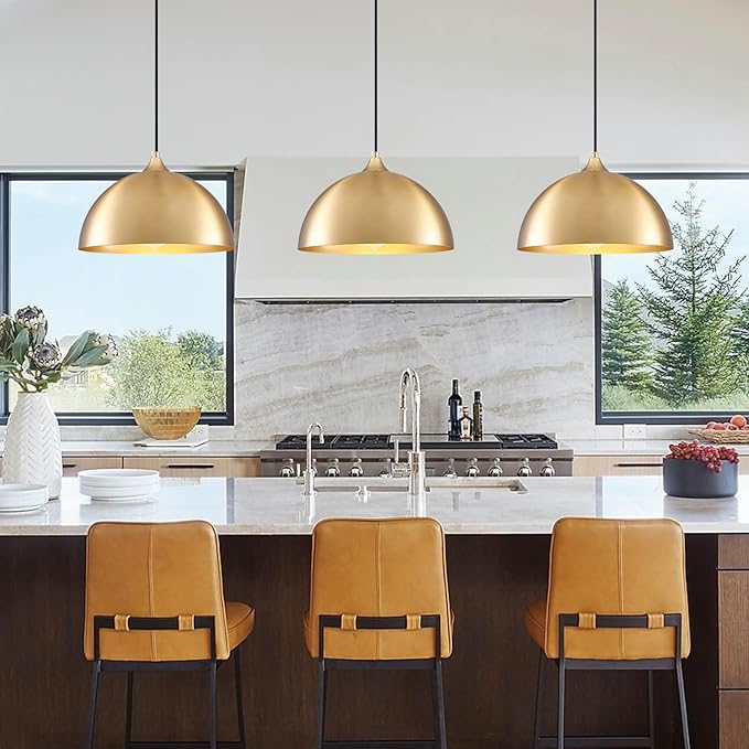 Gold Pendant Light 11.8", Industrial Dome Pendant Lights with Gold Interior, Adjustable Farmhouse Hanging Light for Kitchen Island Dining Room Bedroom Restaurant, 3 Pack