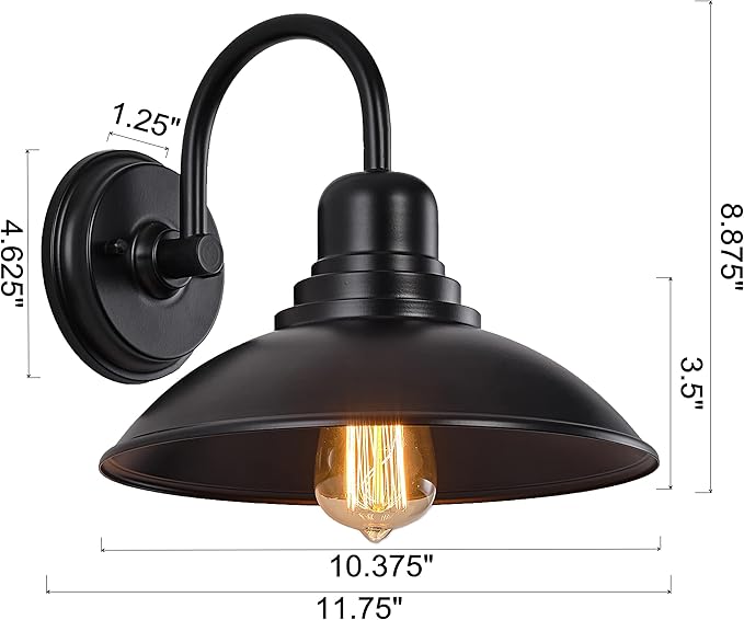 GOLDHILL Black Gooseneck Outdoor Barn Light, Farmhouse Vanity Lights with E26 Based Socket, Round Exterior Lights for House Garage Bathroom Bedroom