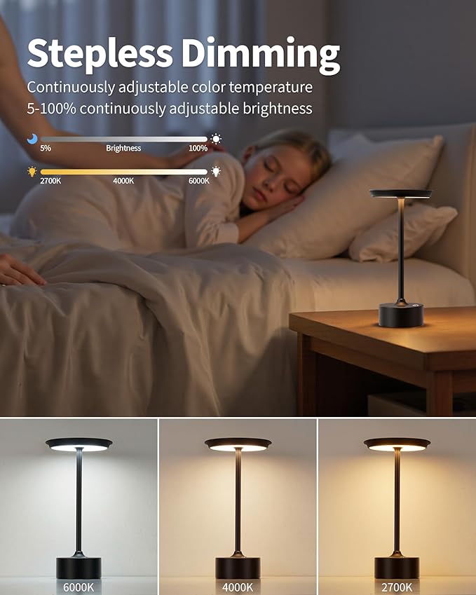 PUSU Rechargeable Table Lamps Set of 2, Black Cordless LED 4000mAh Battery Desk Lamp, Stepless Dimming & 3 Color 2700K-6000K, Portable Lamp for Bedroom, Living Room, Restaurant, Outdoor, Night Light