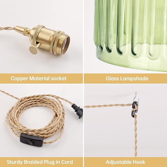 Shenmoyl Plug in Pendant Light Hanging Light Fixtures with Plugin Cord On/Off Switch,Green Striped Glass Lampshade Brass Pendant Light