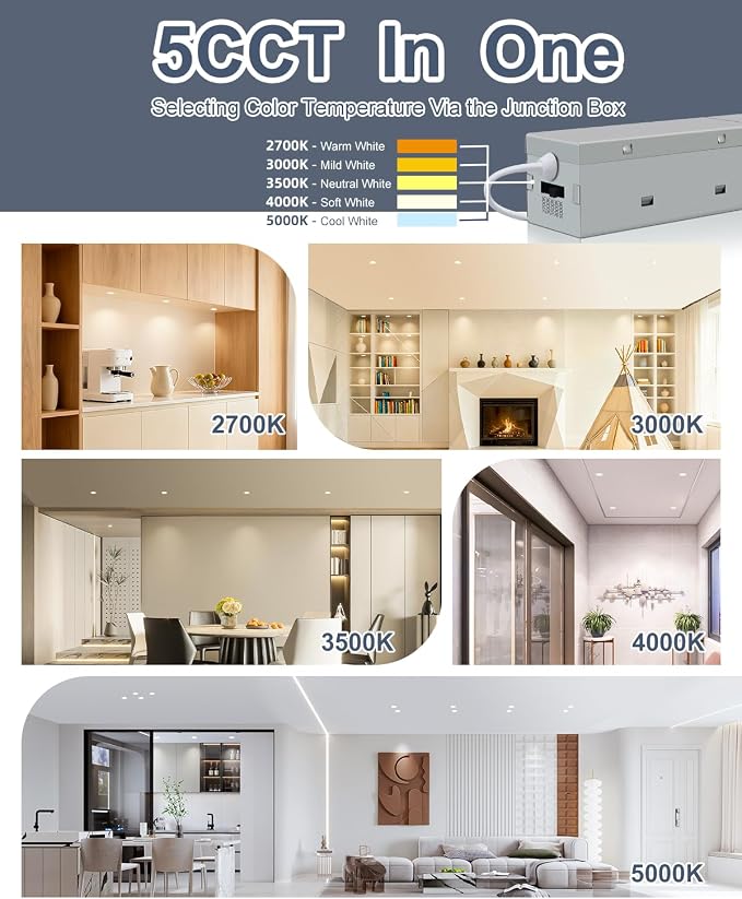 Aosclex 2 Inch 5CCT Anti-Glare LED Recessed Lights with Jbox, 2700K/3000K/3500K/4000K/5000K Selectable, 8W 840LM CRI90+, Dimmable Canless Downlight, Waterproof Light Fixtures, ETL & FCC（White, 6 Pack）