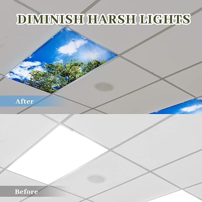 Hortsun 6 Pcs Fluorescent Light Covers - 4 x 2 Feet Magnetic Light Filters, Ceiling Lights Covers for Classroom Fluorescent Shade, Hospitals, School Office Cubicle Decor(Sky and Leaves)