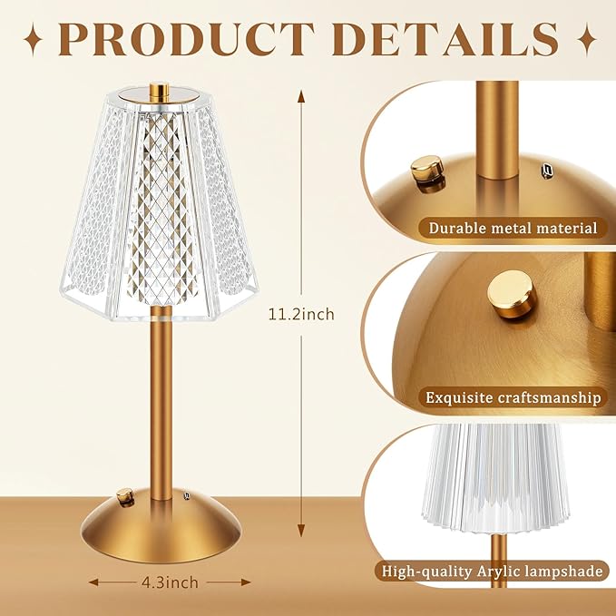 Liliful 2 Pcs Cordless Table Lamp Rechargeable Touch LED Small Gold Portable Battery Operated USB-c Desk Lamp 3 Color Dimmable for Bedroom Living Room Dining (Gold,Hexagonal Diamond Style)